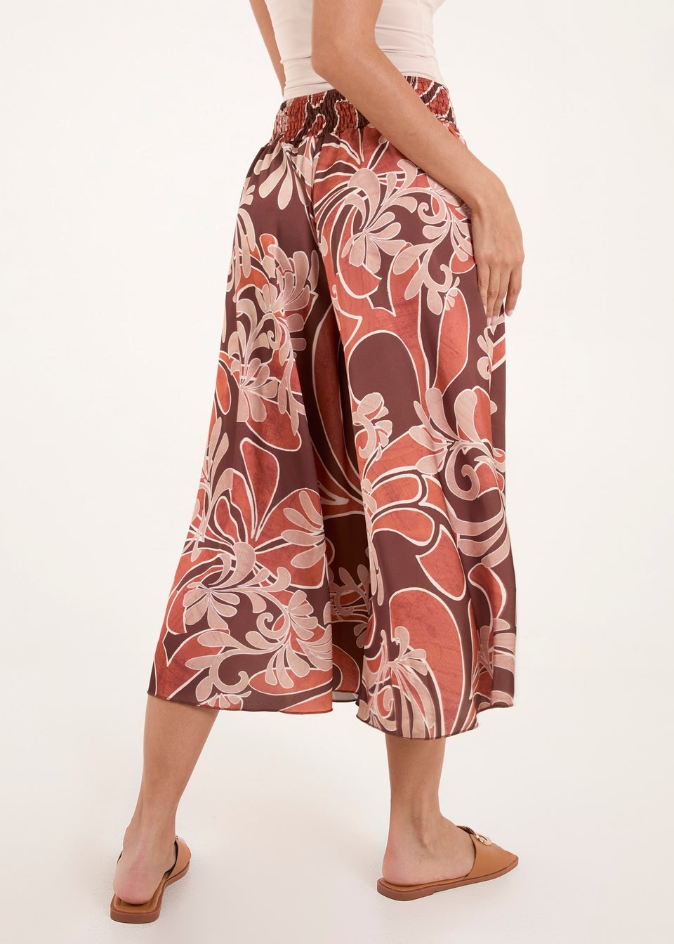 Blue Vanilla Brown Paisley Printed Satin Wide Leg Culotte Trousers