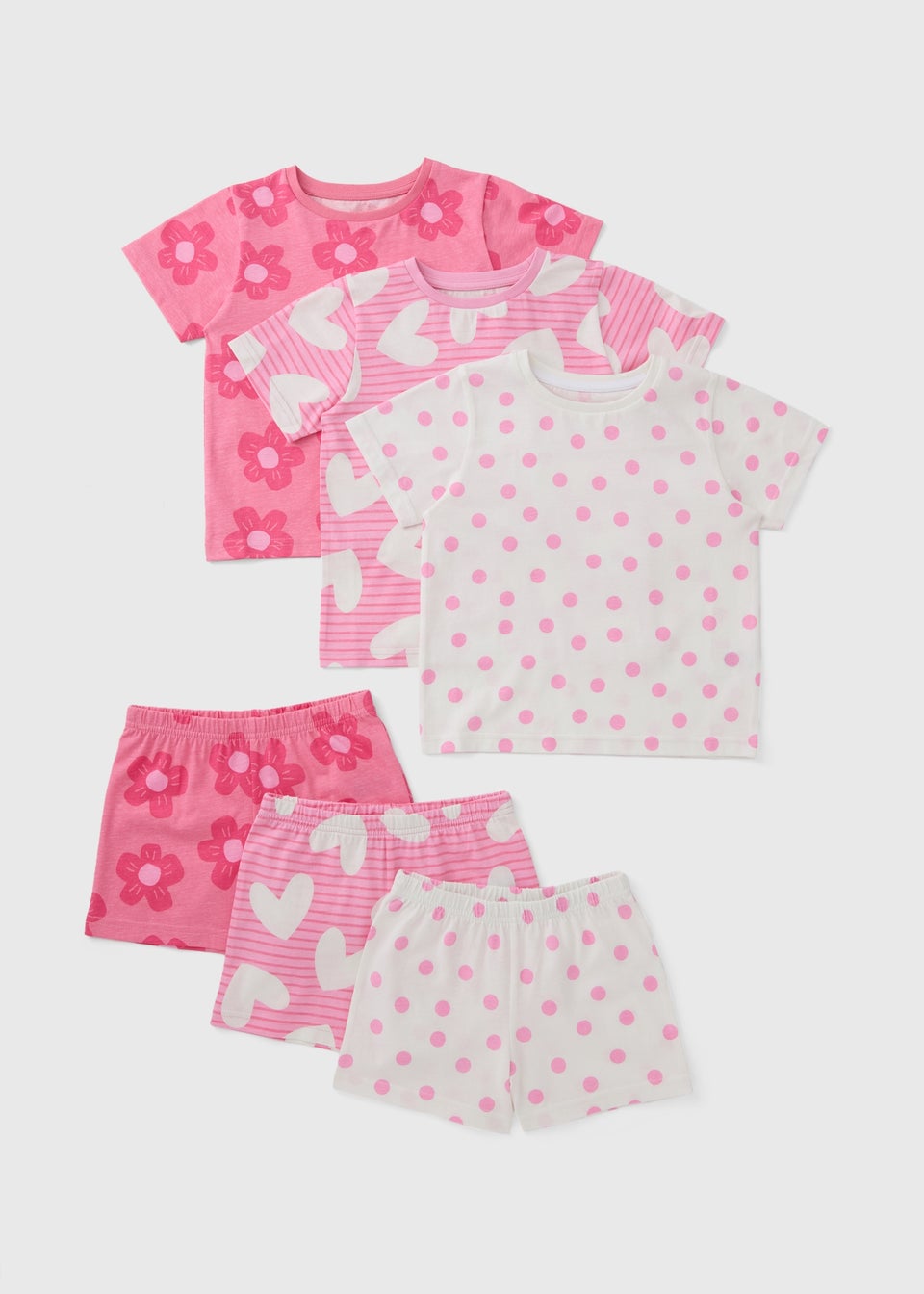 Girls 3 Pack Pink Heart T-Shirt & Shorts Set (1-7yrs)