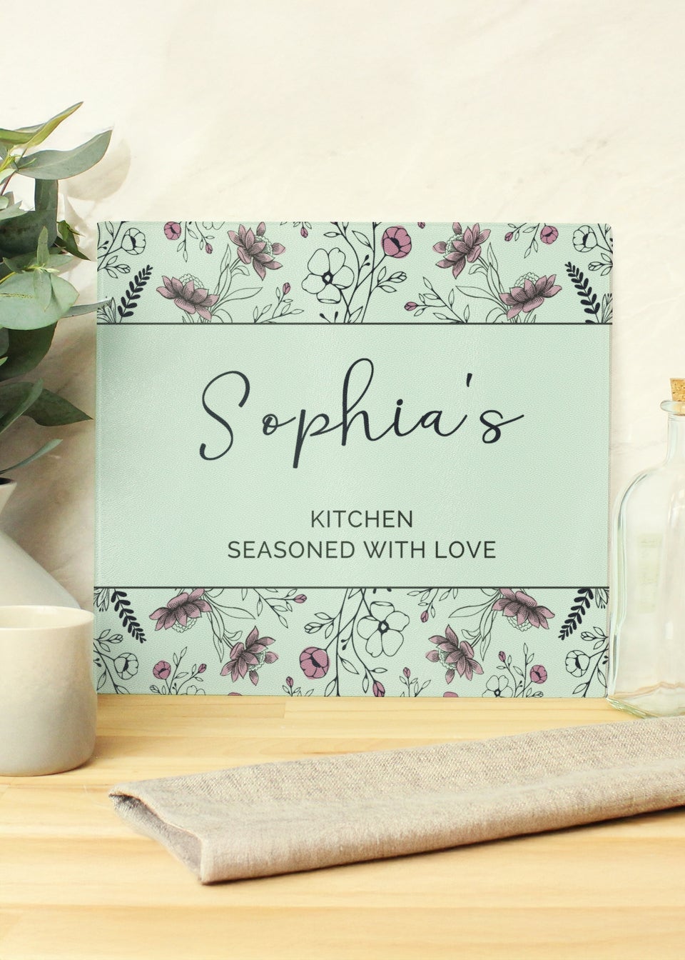 Personalised Memento Company Pink Floral Clear Glass Chopping Board