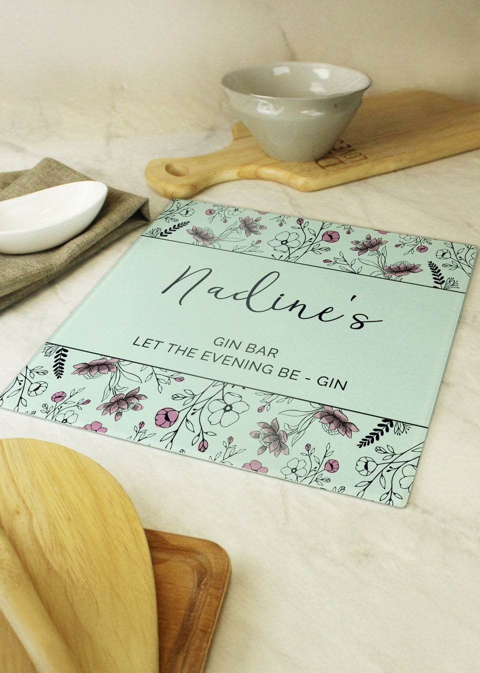 Personalised Memento Company Pink Floral Clear Glass Chopping Board