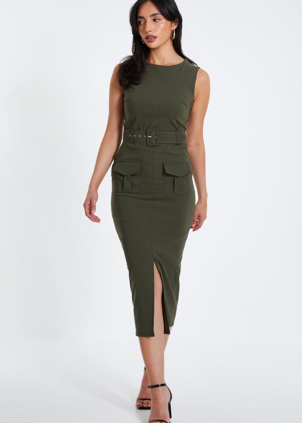 Quiz Khaki Cargo Split Front Midi Dress Matalan