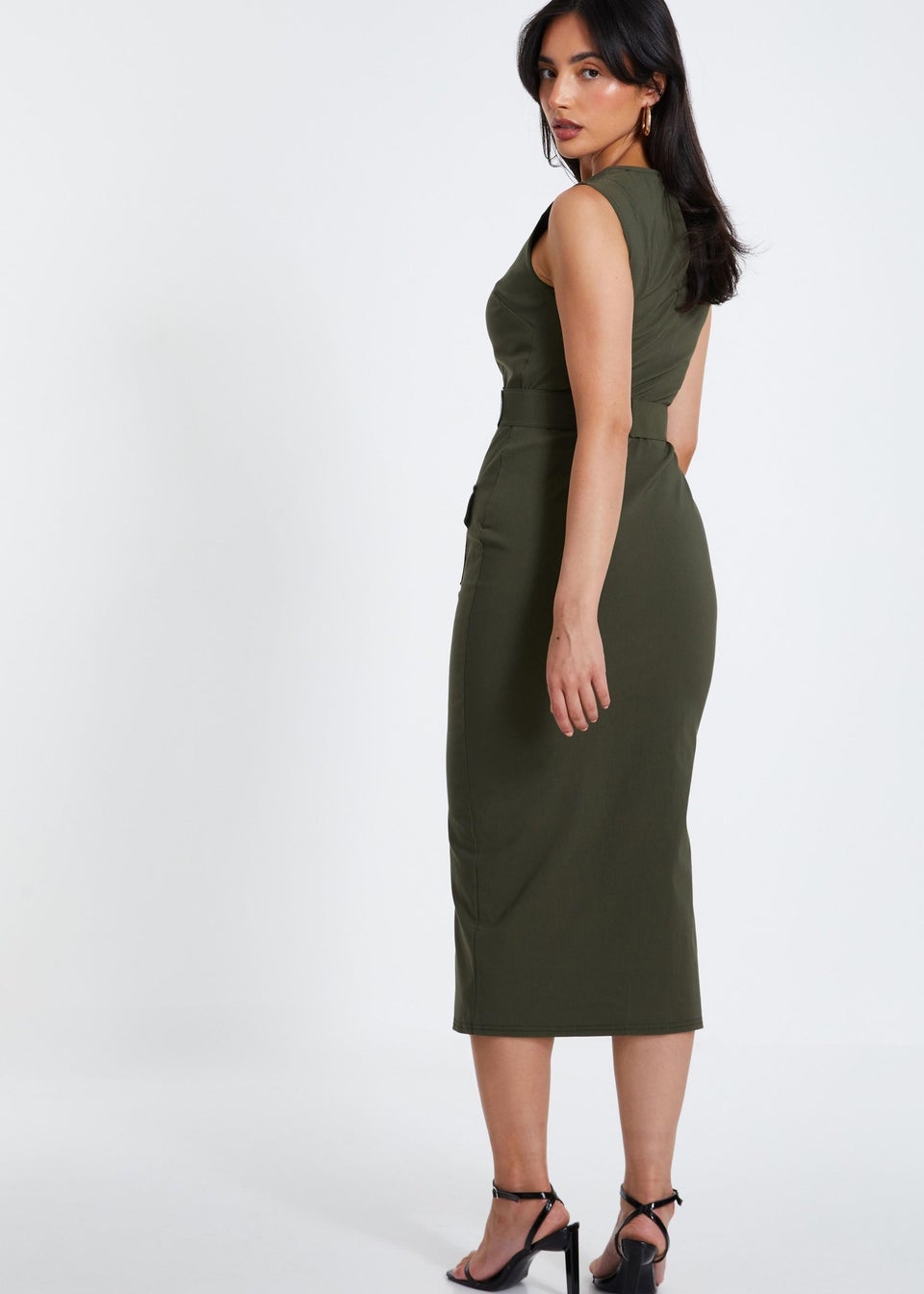 Quiz Khaki Cargo Split Front Midi Dress Matalan