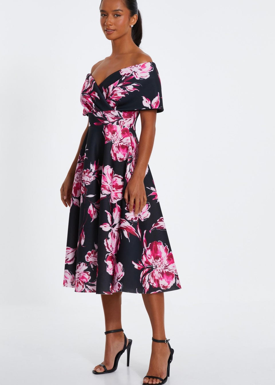 Quiz Black Petite Floral Bardot Skater Midi Dress
