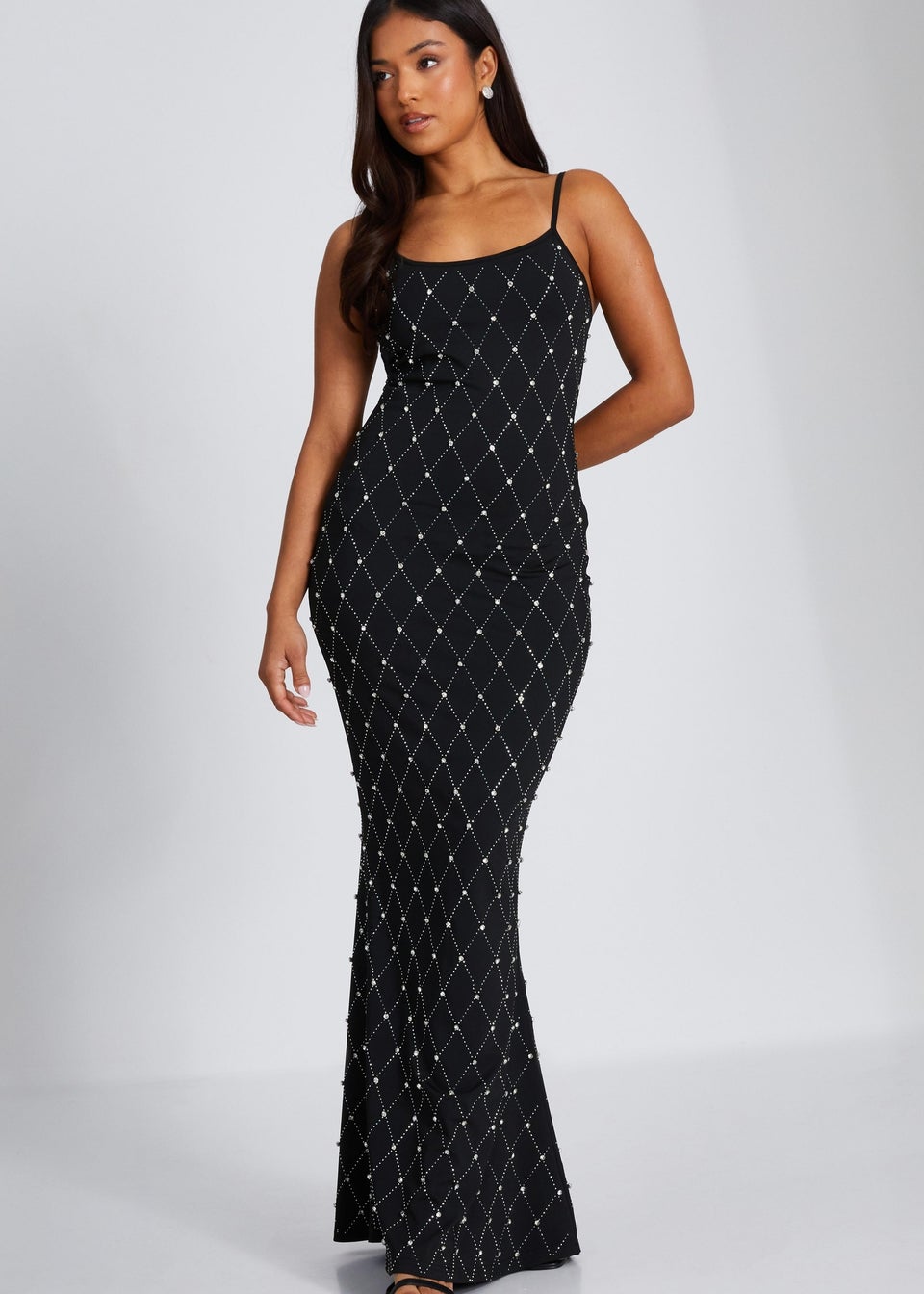 Quiz Black Petite Rhinestone Square Neck Maxi Dress