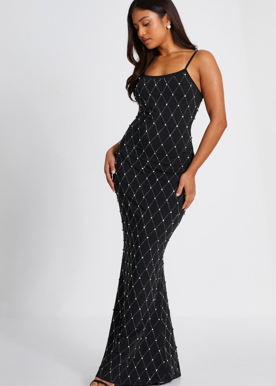 Quiz Black Petite Rhinestone Square Neck Maxi Dress