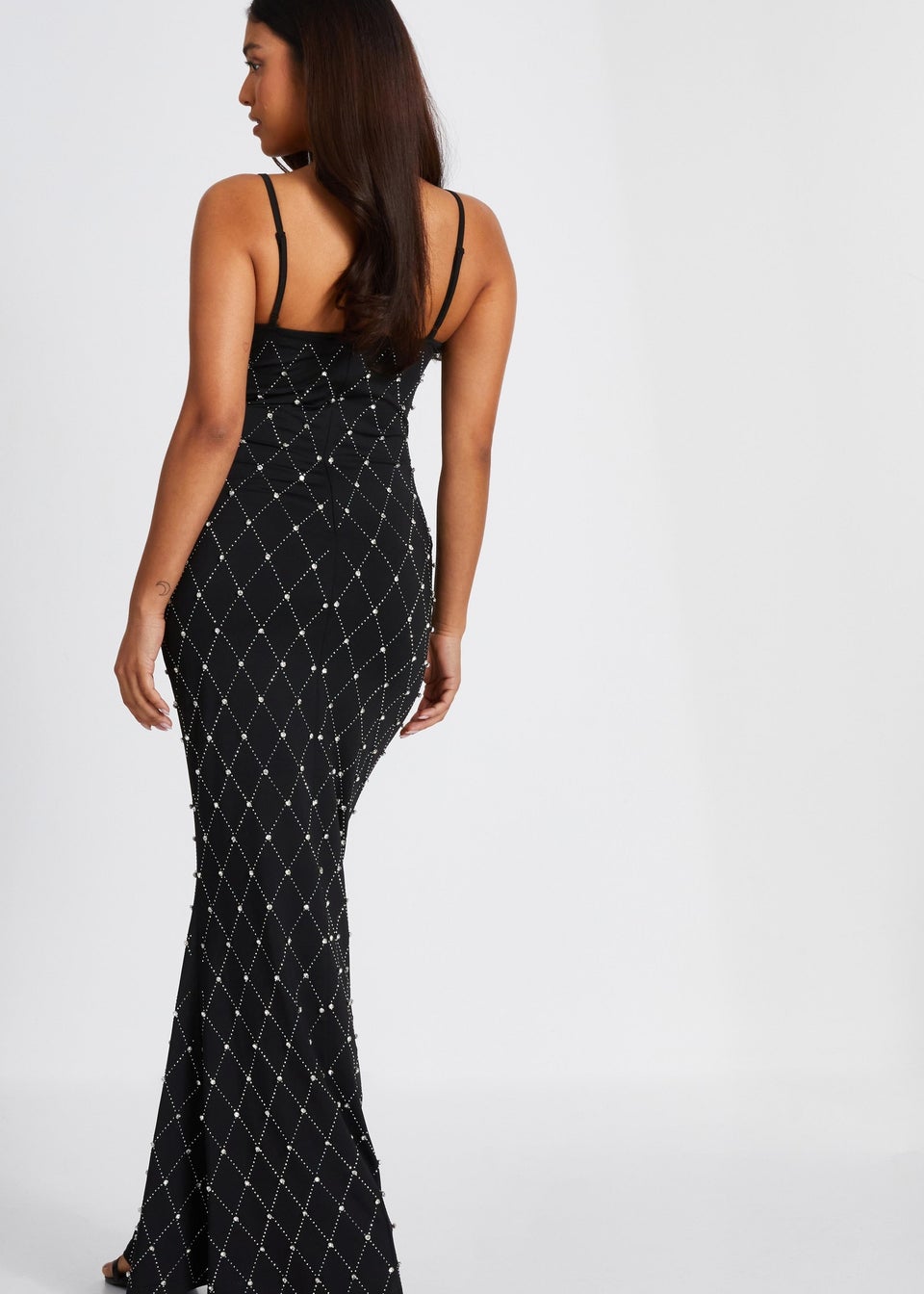 Quiz Black Petite Rhinestone Square Neck Maxi Dress