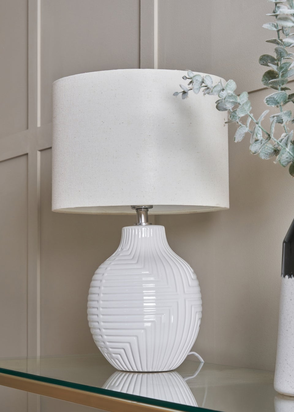 BHS White Gus Embossed Ceramic Table Lamp (41cm x 25cm)