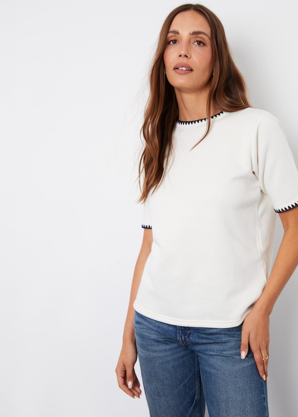 Threadbare Cream Nova Contrast Edge Stitch Short Sleeve Sweatshirt