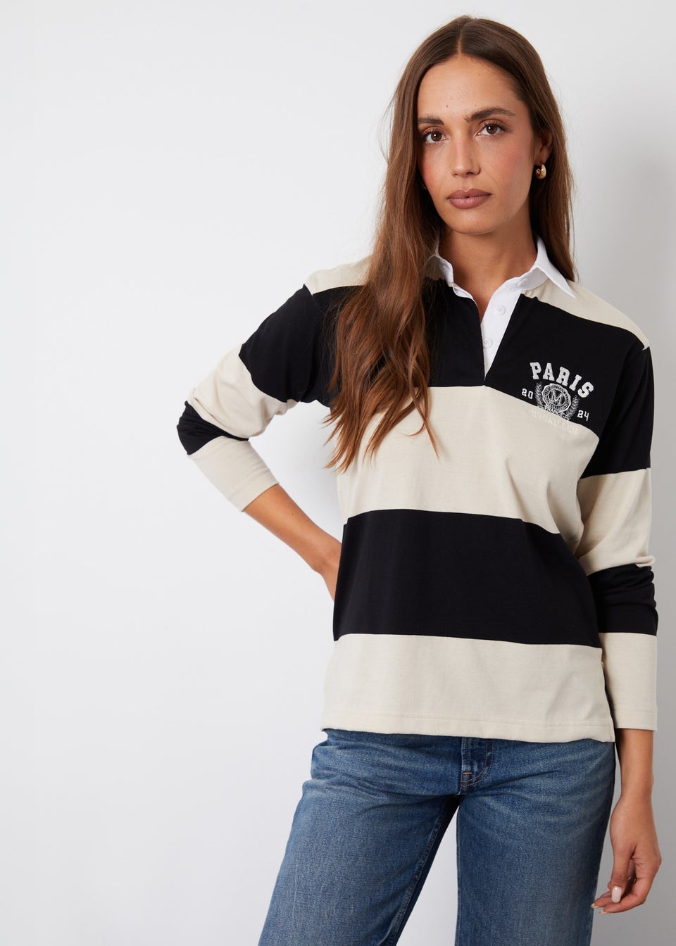 Threadbare Black Asher Stripe Paris Embroidery Rugby Shirt