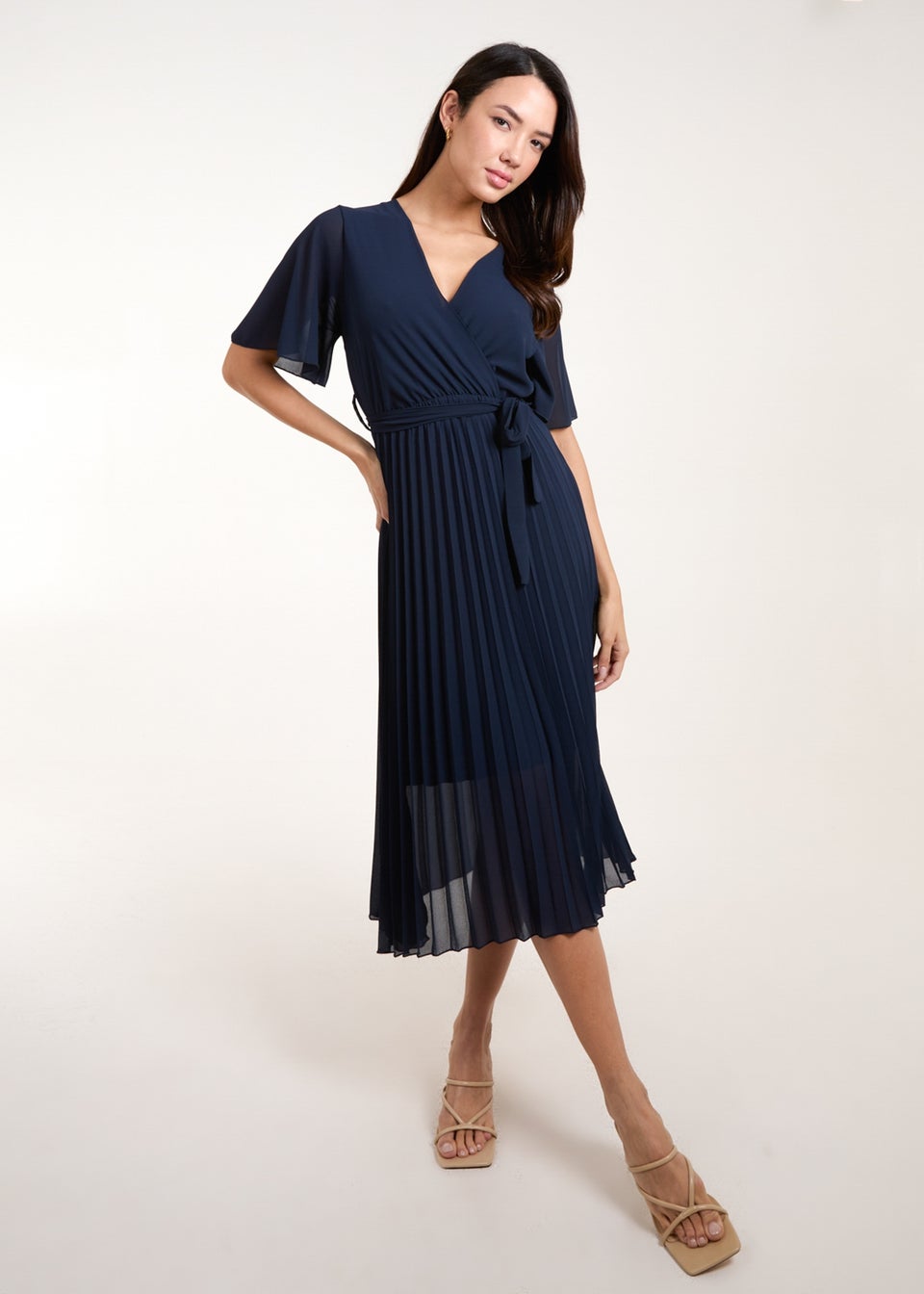 Blue Vanilla Navy Pleated Wrap Over Belted Dress