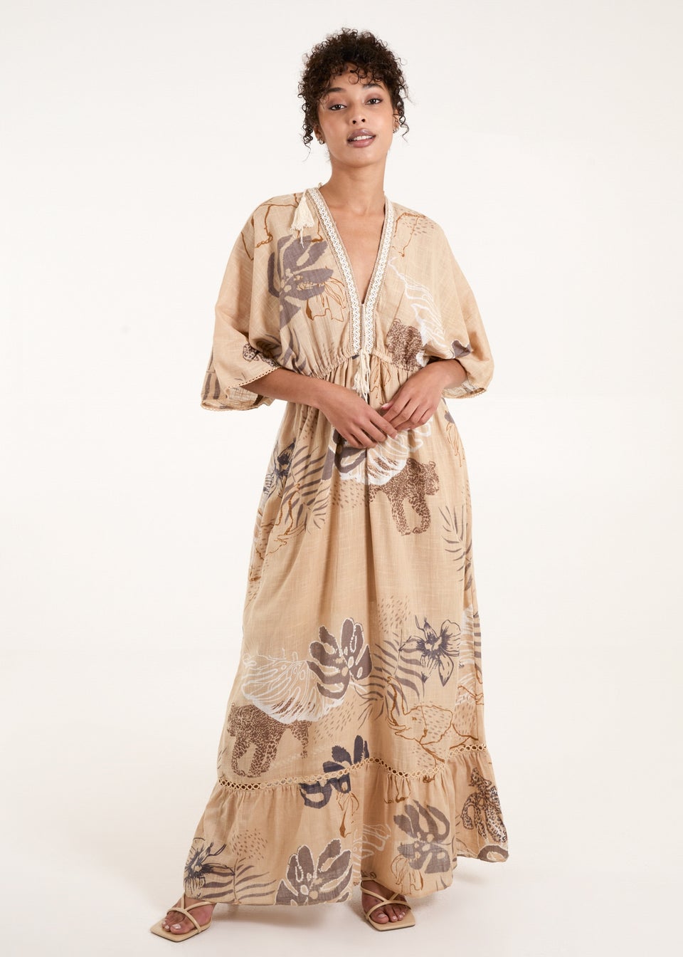 Blue Vanilla Beige V Neck Tassel Front Maxi Dress