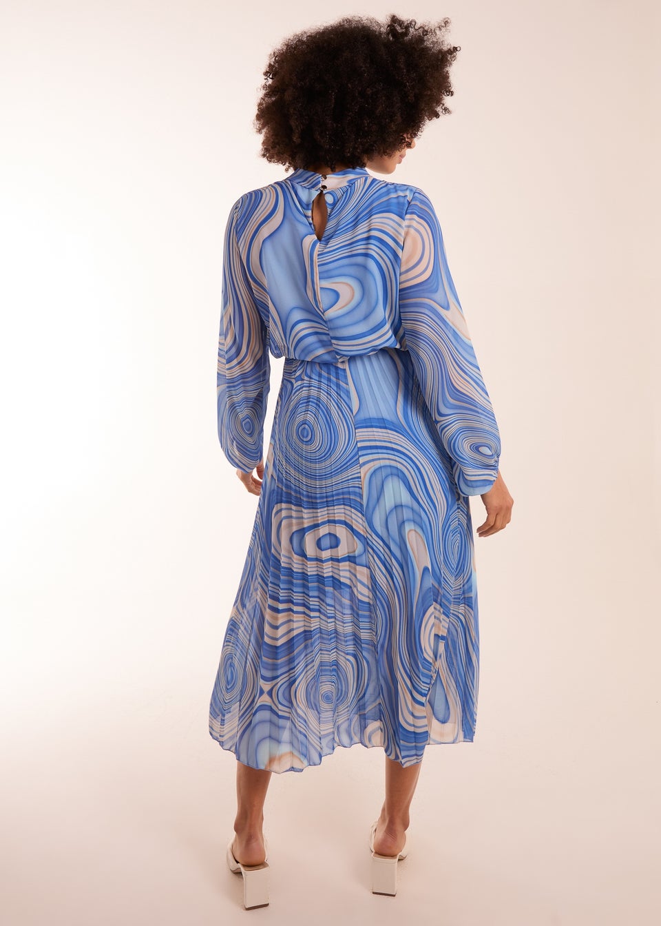 Blue Vanilla Blue Swirl Print High Neck Pleated Dress