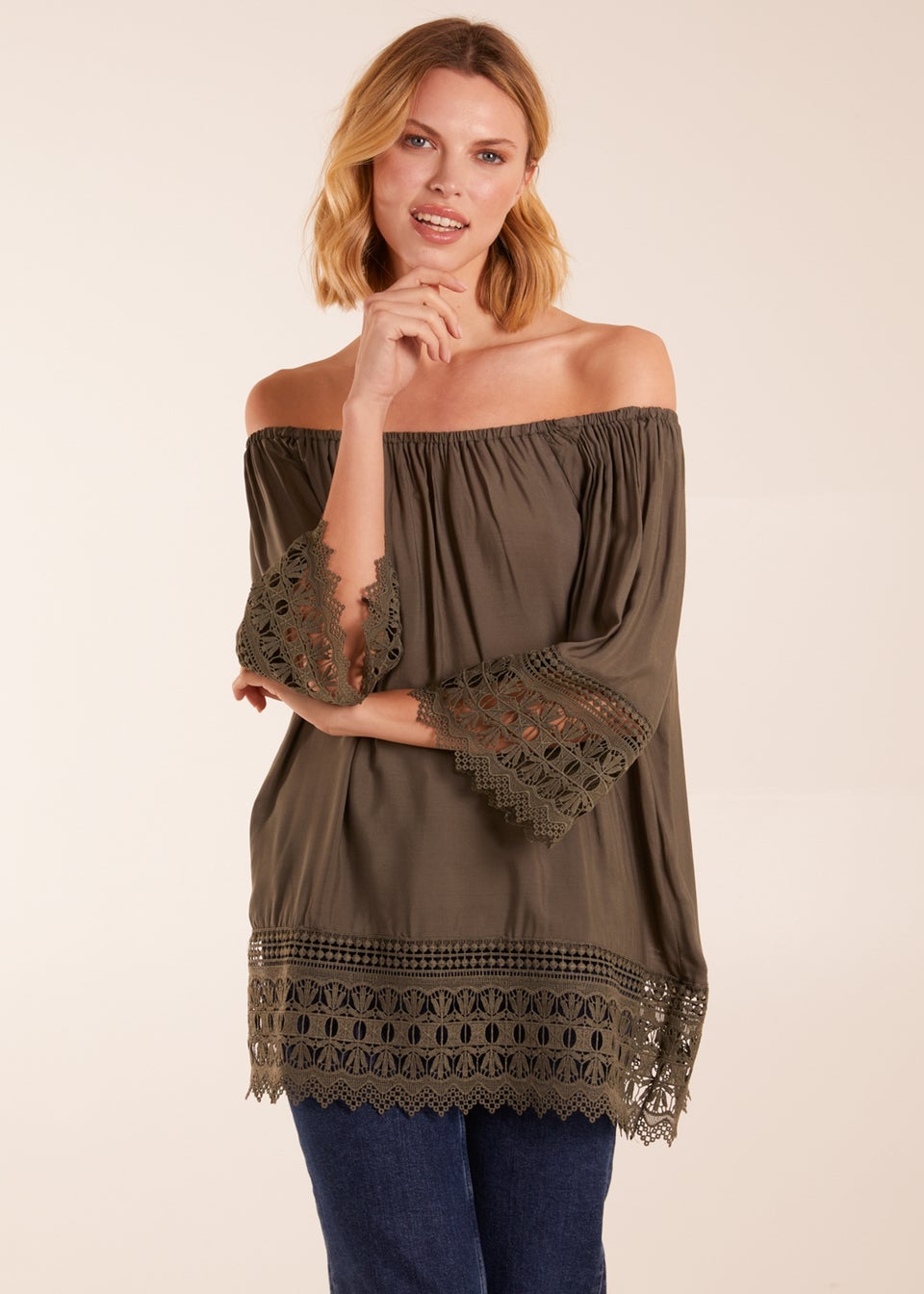 Blue Vanilla Khaki Round Neck Detail Blouse