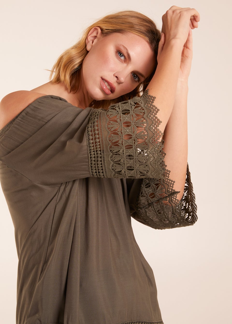 Blue Vanilla Khaki Round Neck Detail Blouse
