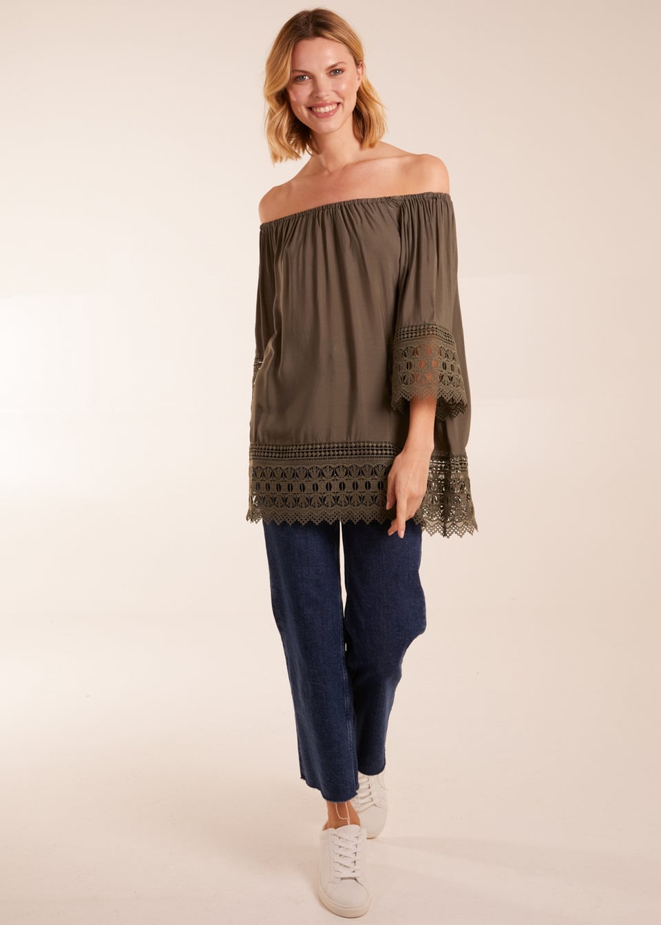 Blue Vanilla Khaki Round Neck Detail Blouse