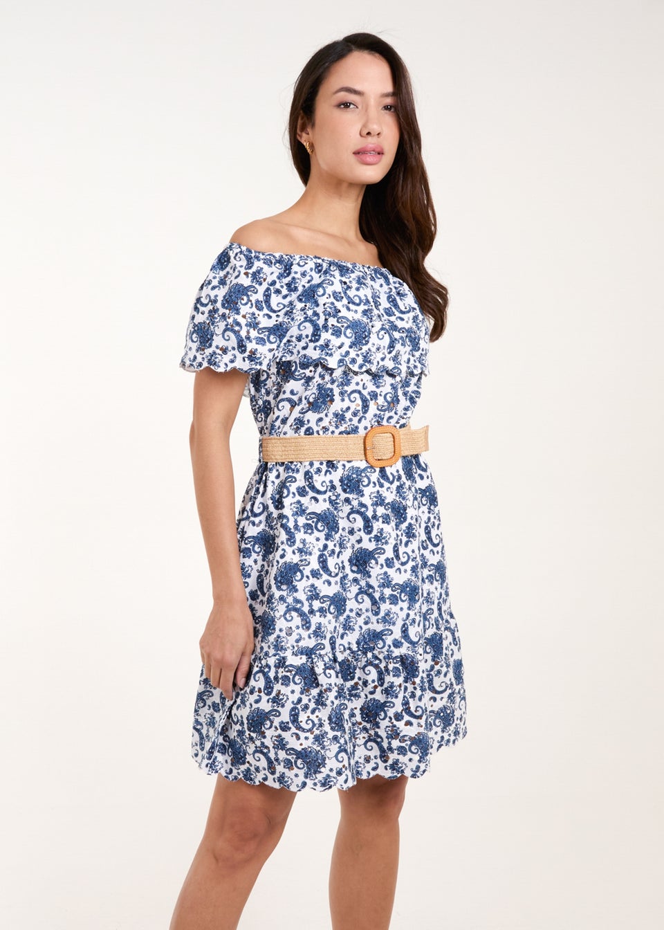 Blue Vanilla Navy Bardot Broderie Mini Belted Dress