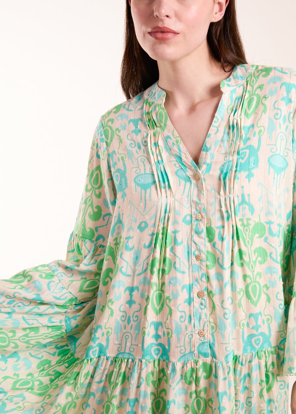 Blue Vanilla Green Pin Tuck Tiered Abstract Smock Dress