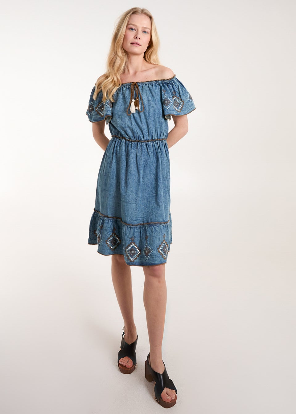 Blue Vanilla Blue Denim Embroidered Tiered Dress