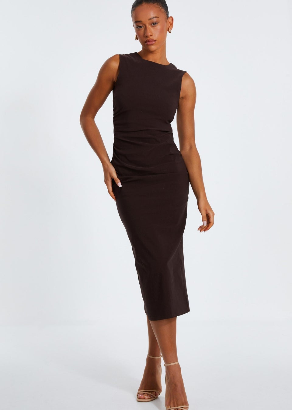 Brown ruched midi dress on sale