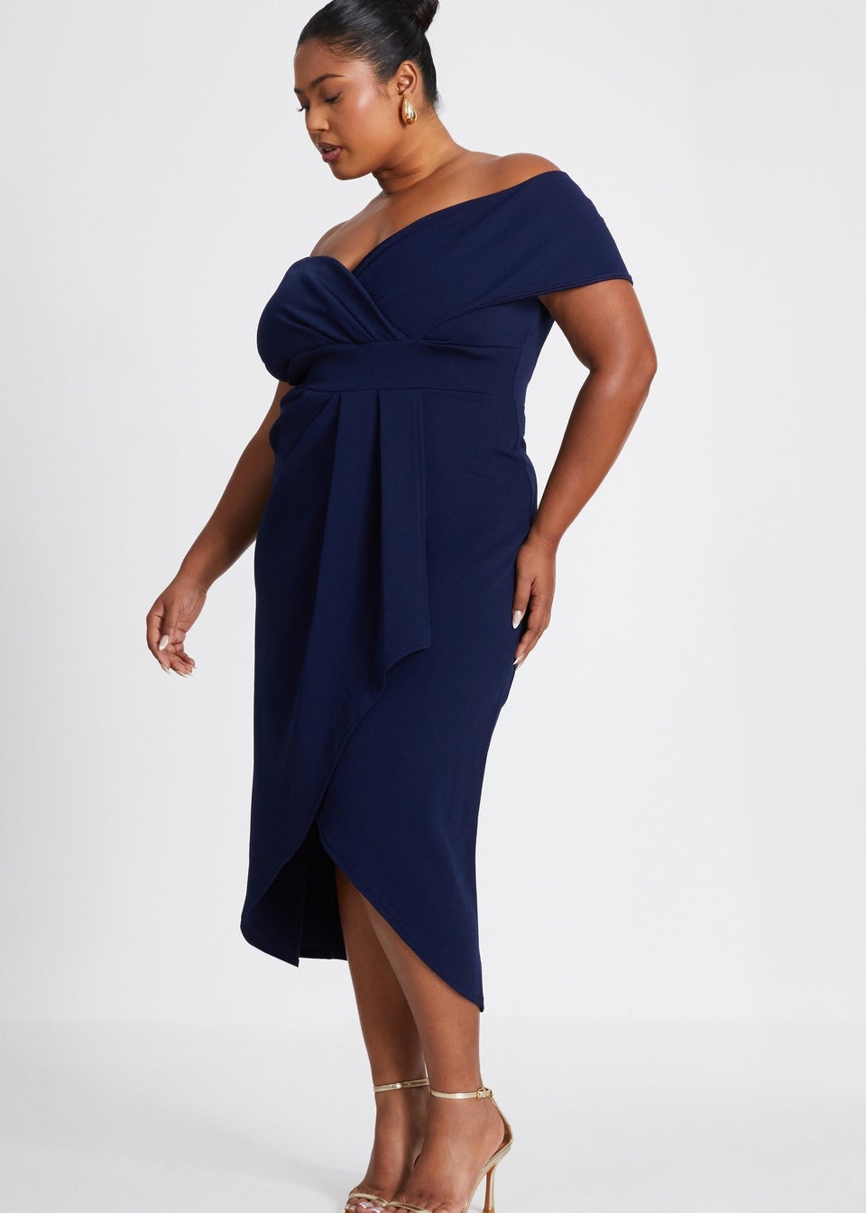 Quiz Navy Curve Bardot Wrap Midi Dress