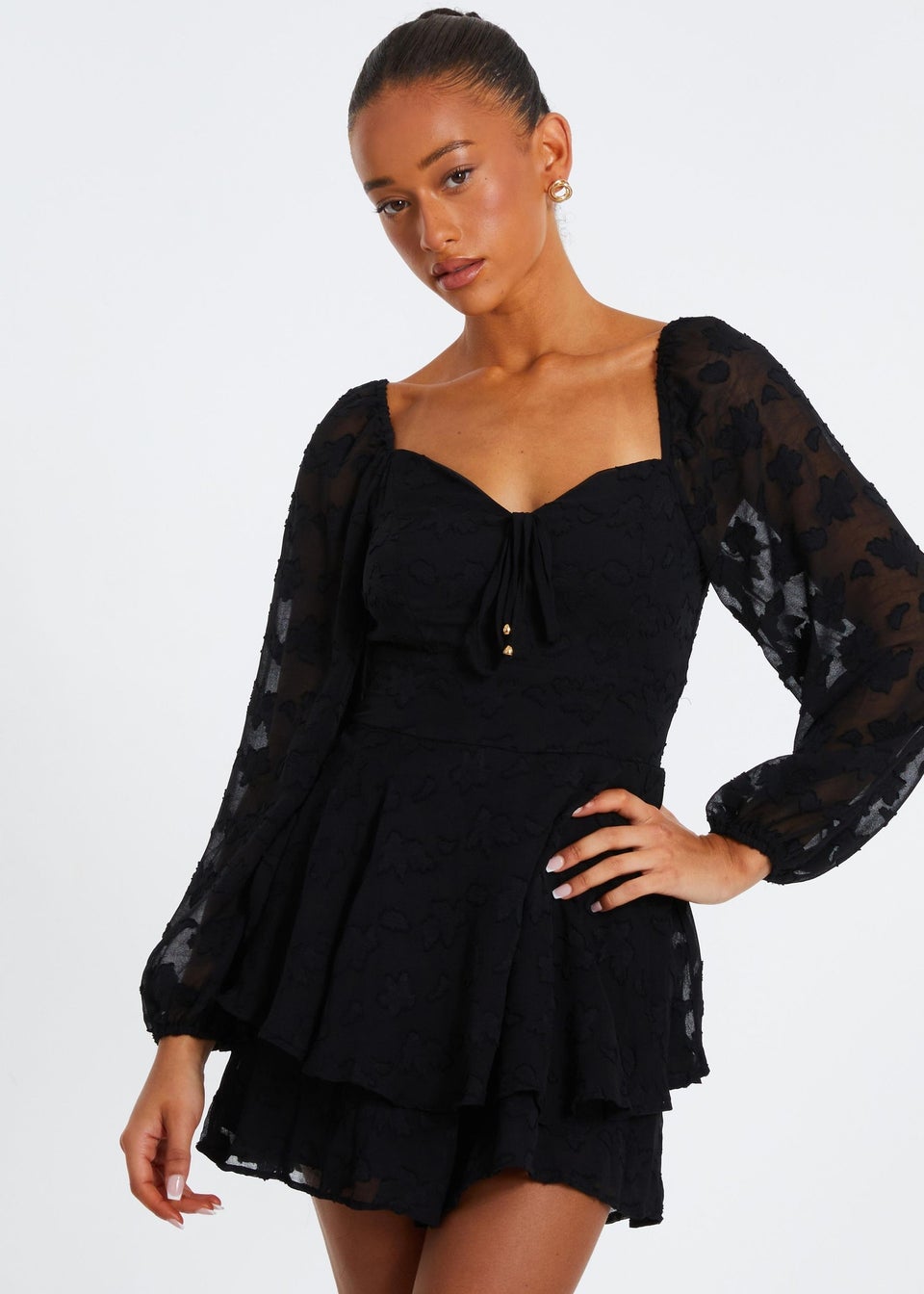Quiz Black Floral Jacquard Tiered Playsuit Matalan