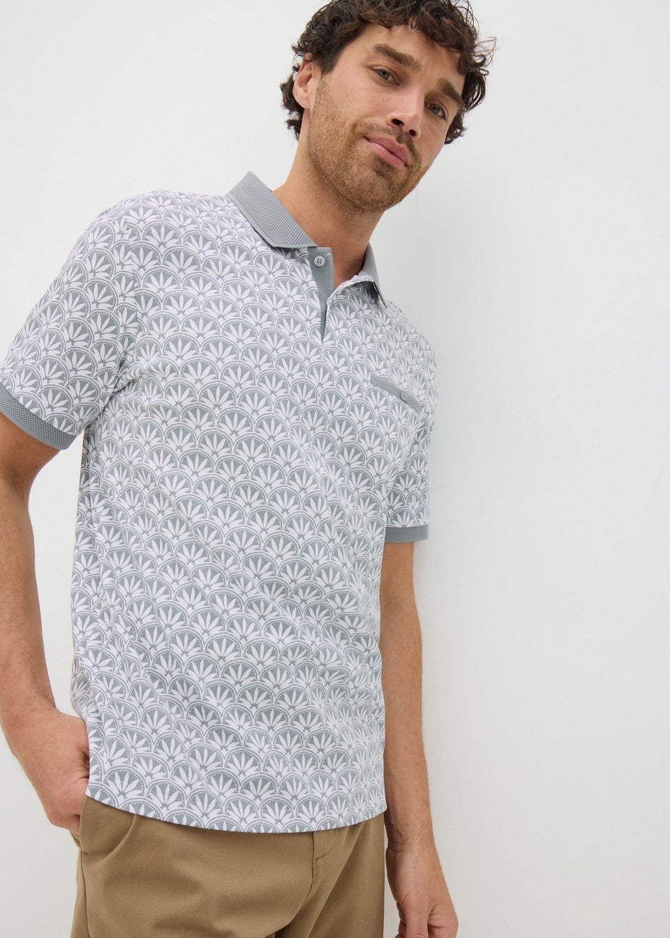 Grey Tile Print Polo Shirt