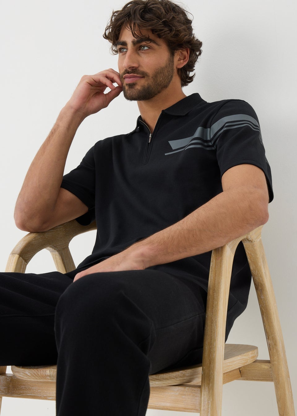 Black Shoulder Print 1/4 Zip Polo Shirt