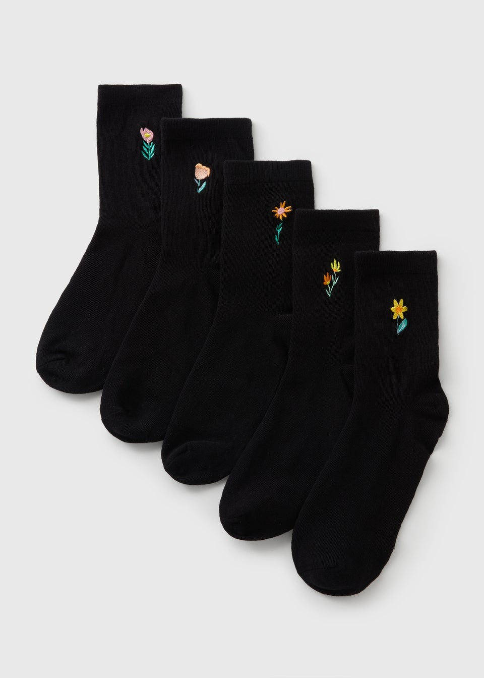 5 Pack Black Floral Embellished Crew Socks