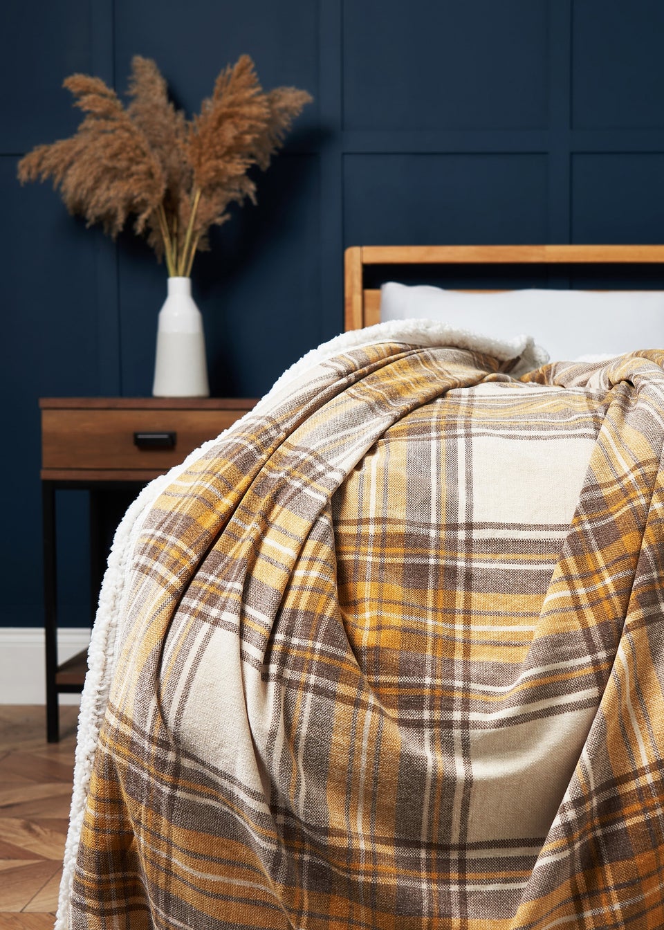 BHS Luxury Warm Ochre Check Throw with Faux Shearling 130x150cm Matalan