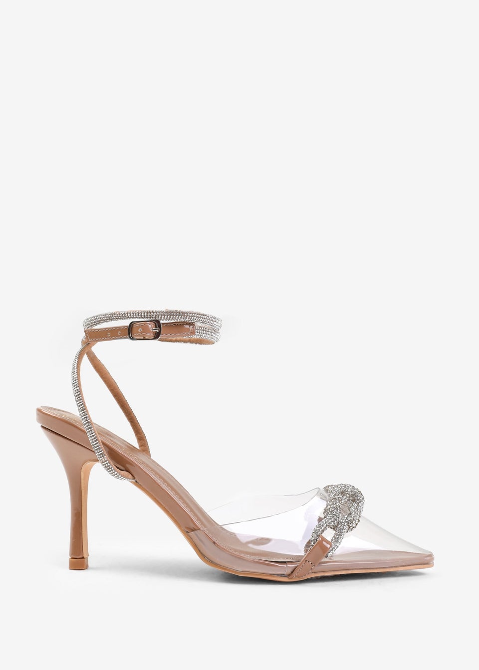 Where s That From Morocco Mocha Patent Embellished Detail Perspex Heels Matalan