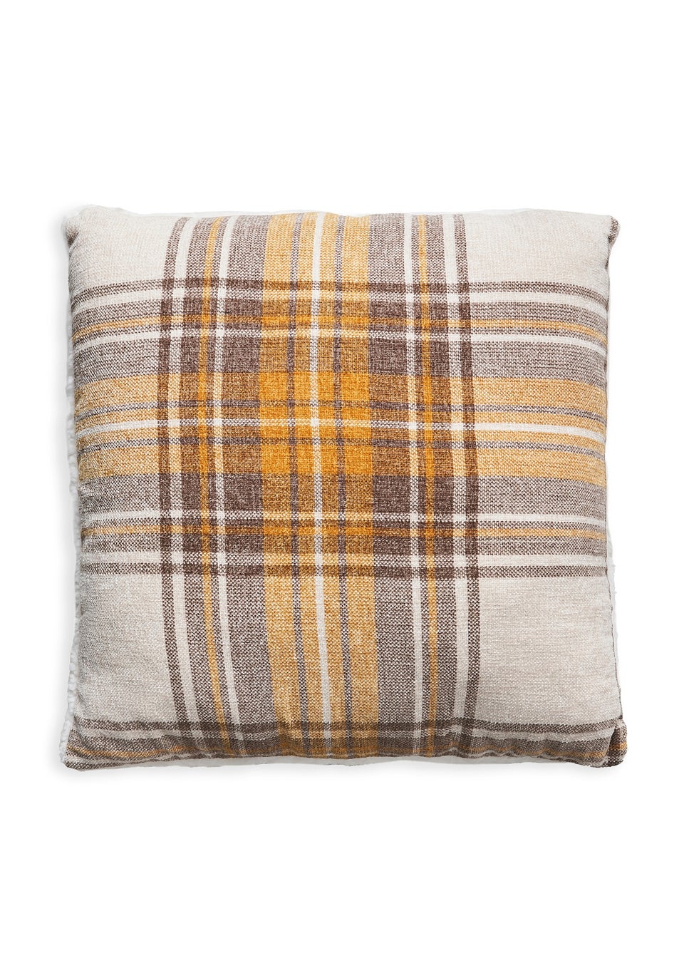 BHS Luxury Warm Ochre Check Cushion with Faux-Shearling (40x40cm)