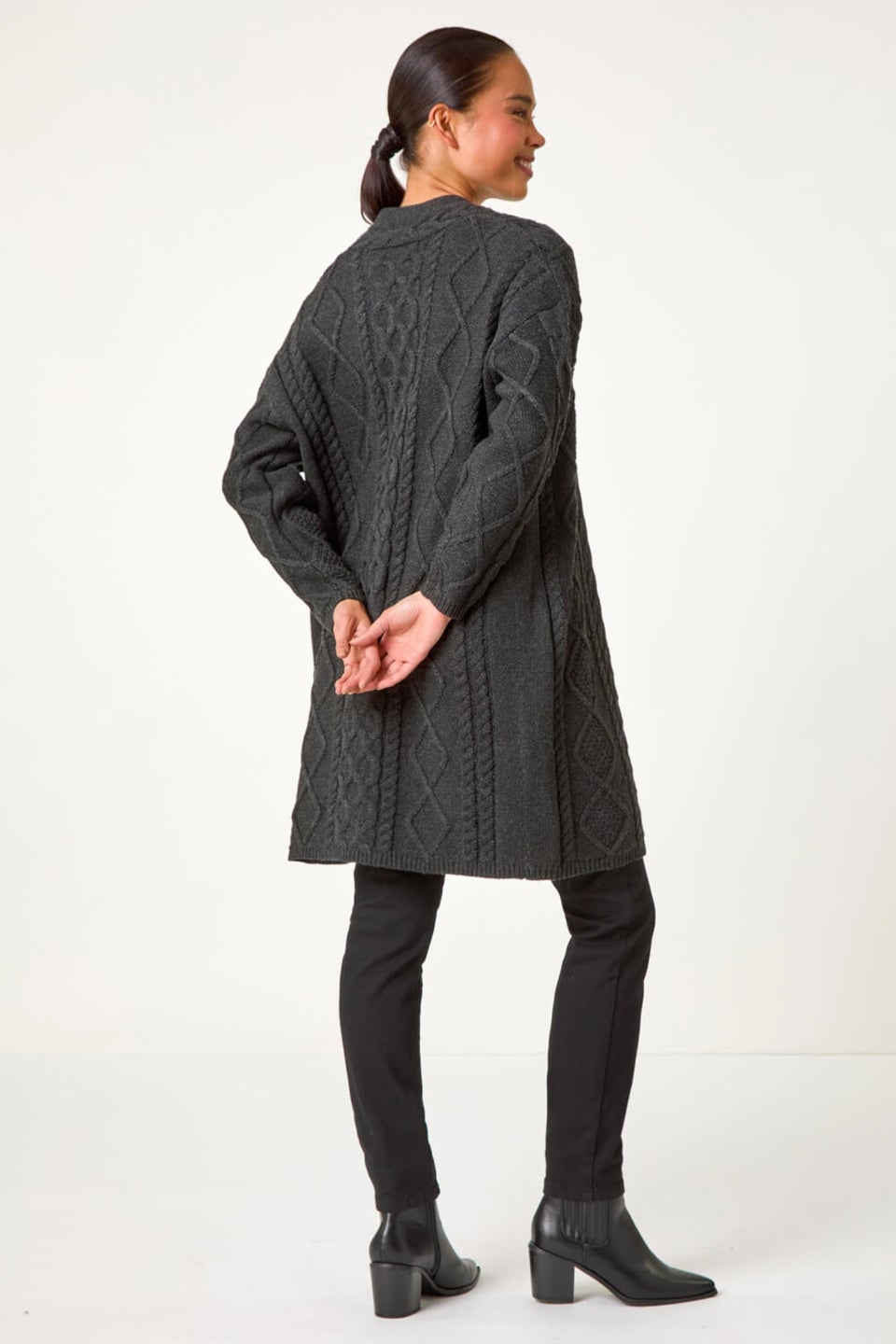 Roman Dark Grey Petite Longline Cableknit Cardigan