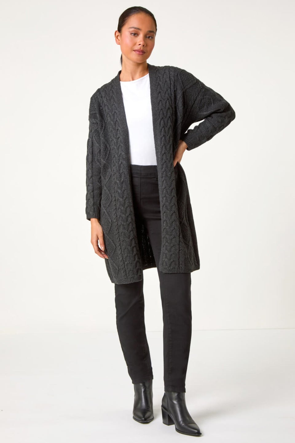 Roman Dark Grey Petite Longline Cableknit Cardigan