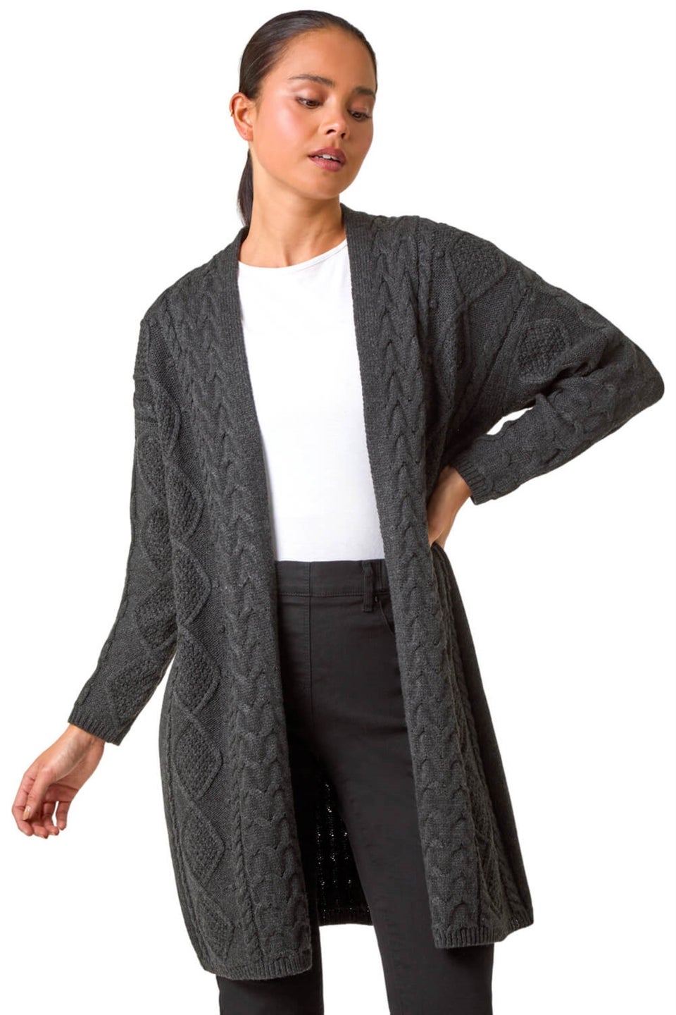 Roman Dark Grey Petite Longline Cableknit Cardigan Matalan