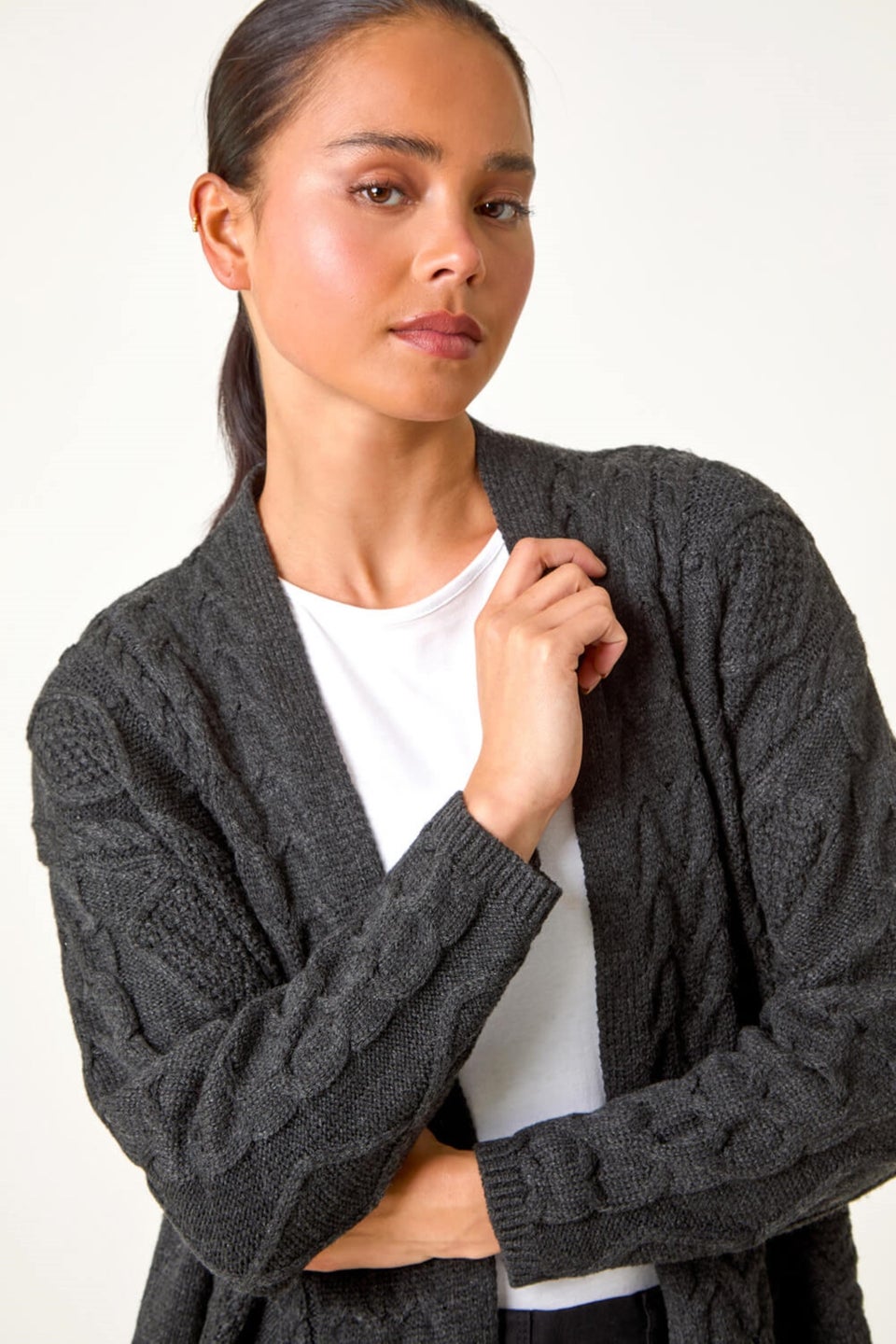Roman Dark Grey Petite Longline Cableknit Cardigan