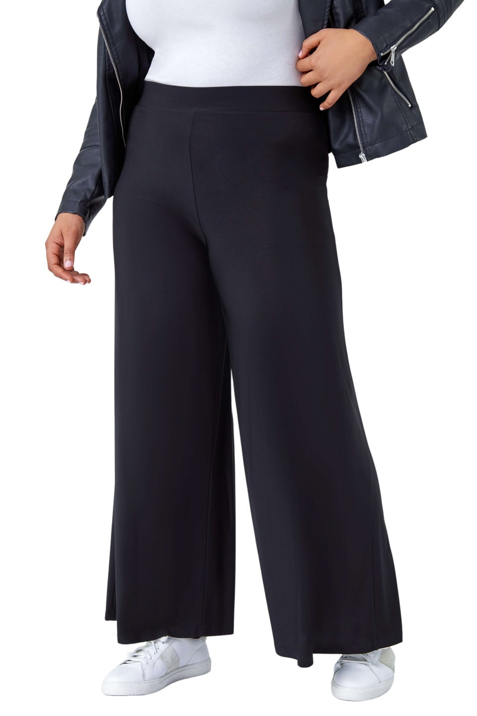 Roman Black Curve Elastic Waist Wide Leg Trousers