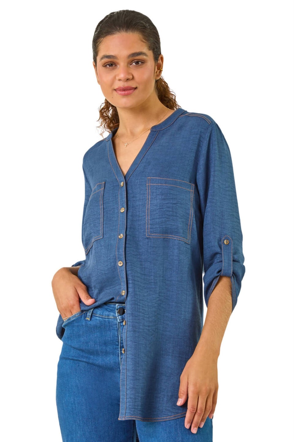 Roman Denim V-Neck Longline Button Detail Blouse