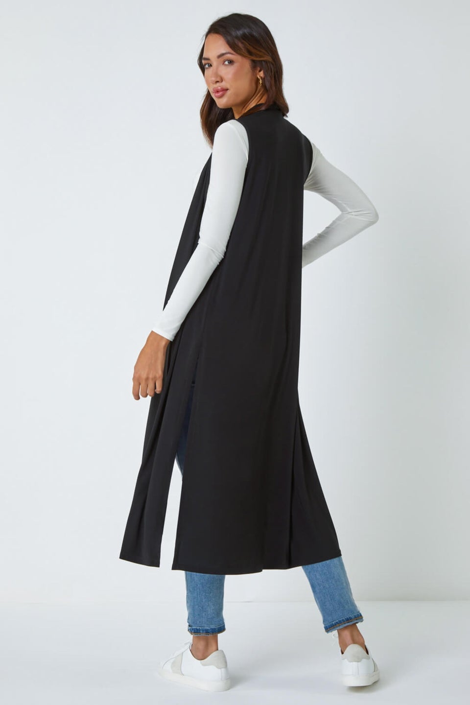 Roman Black Longline Sleeveless Stretch Cardigan