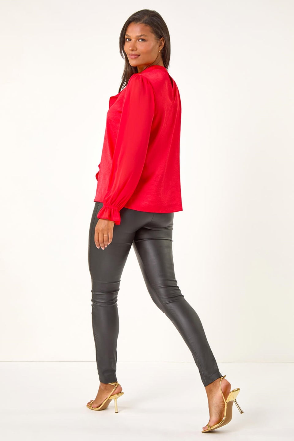 Roman Red Ruffle Front Keyhole Satin Top