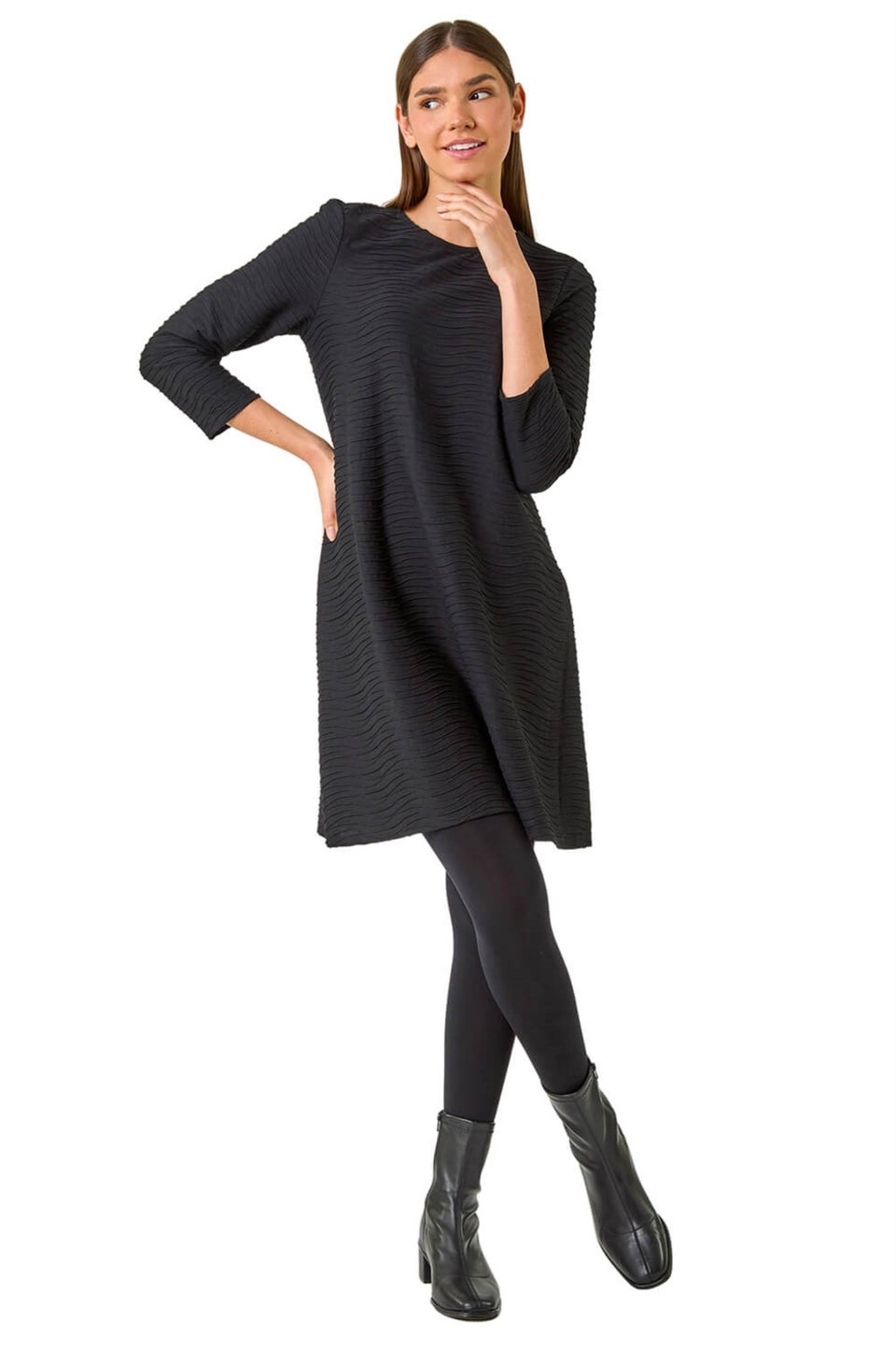 Roman Black Textured A-Line Stretch Dress