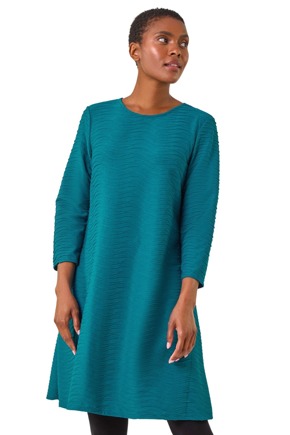 Roman Teal Textured A-Line Stretch Dress