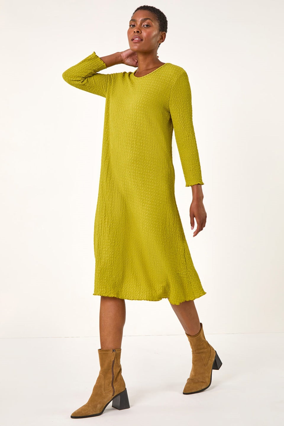 Roman Green Textured A-Line Stretch Midi Dress