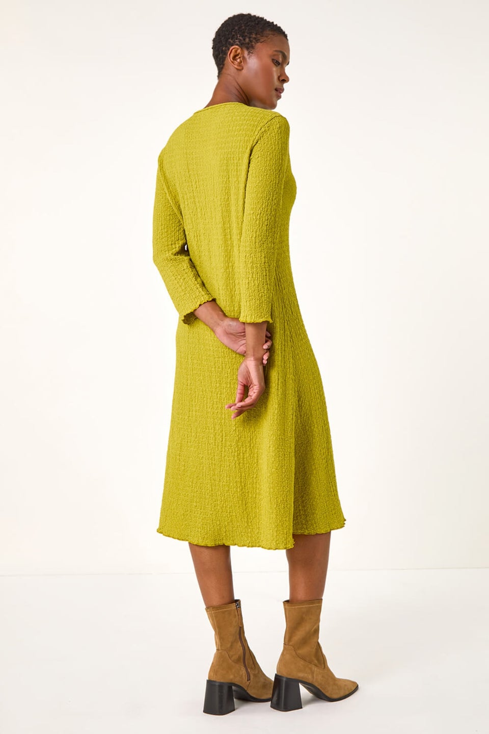 Roman Green Textured A-Line Stretch Midi Dress