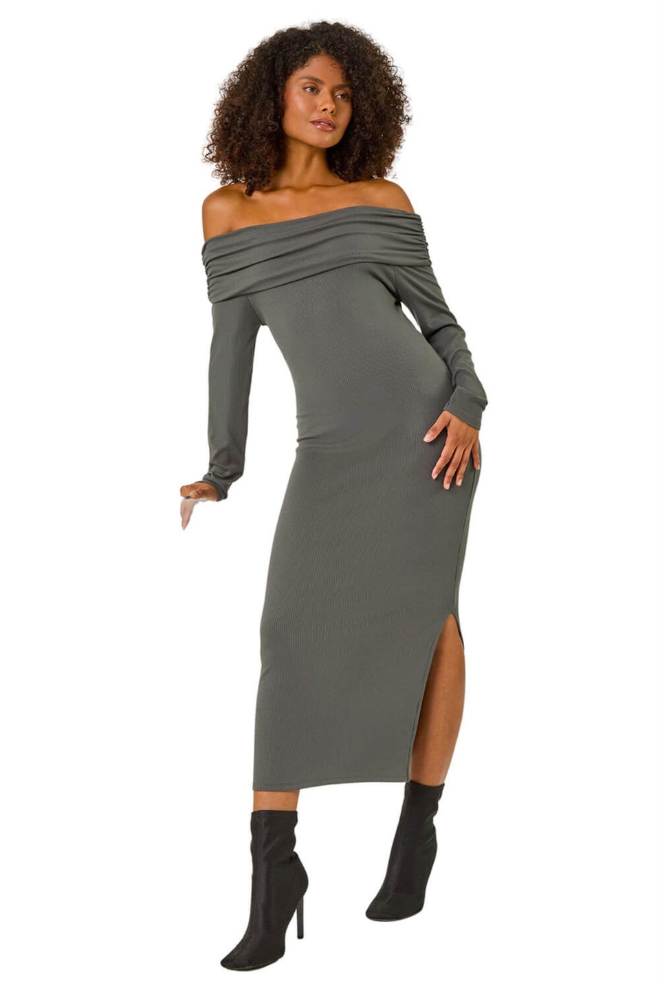 Dusk Grey Off The Shoulder Stretch Bardot Midi Dress