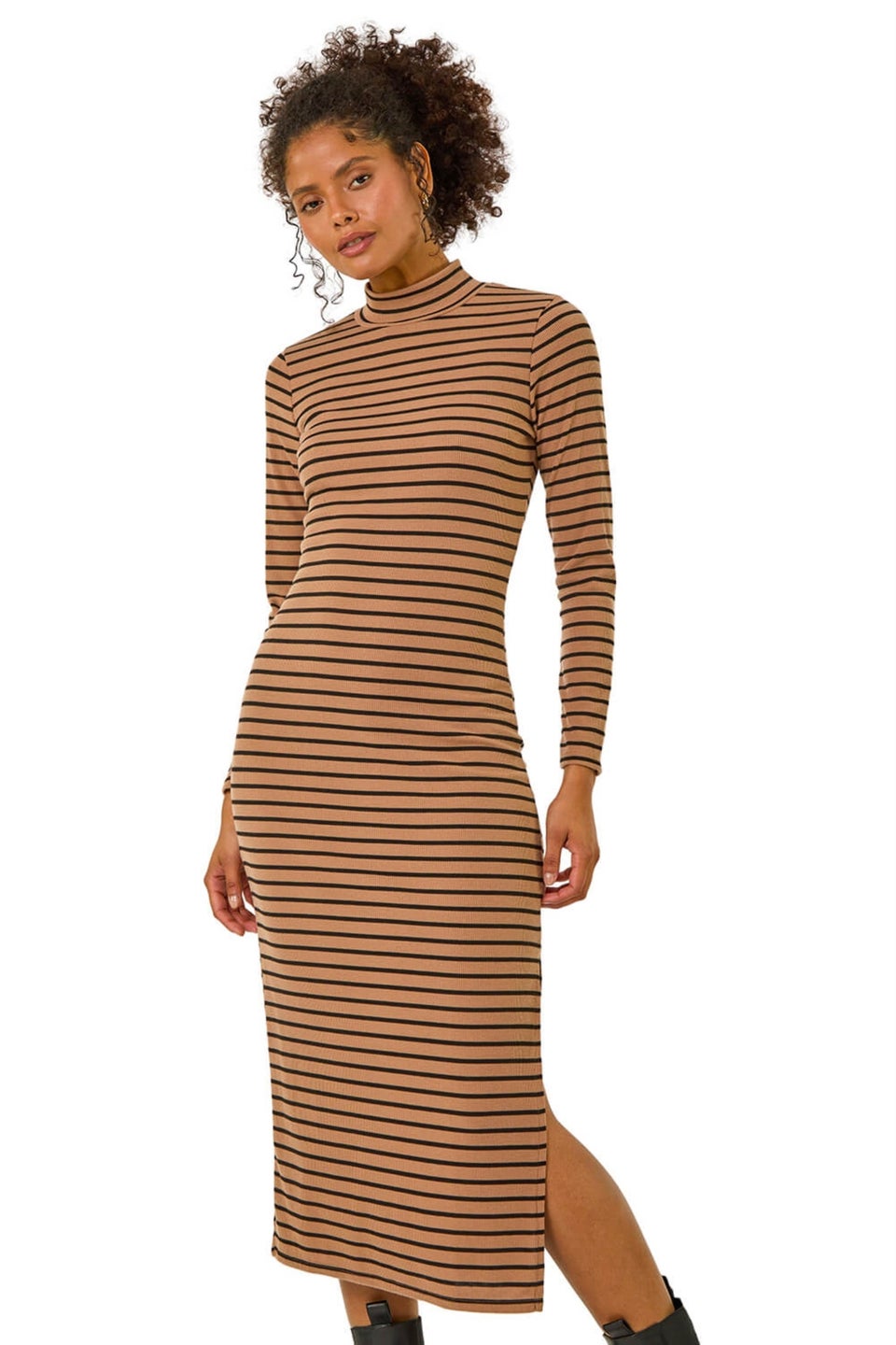 Dusk Mocha Dusk High Neck Stripe Bodycon Midi Dress