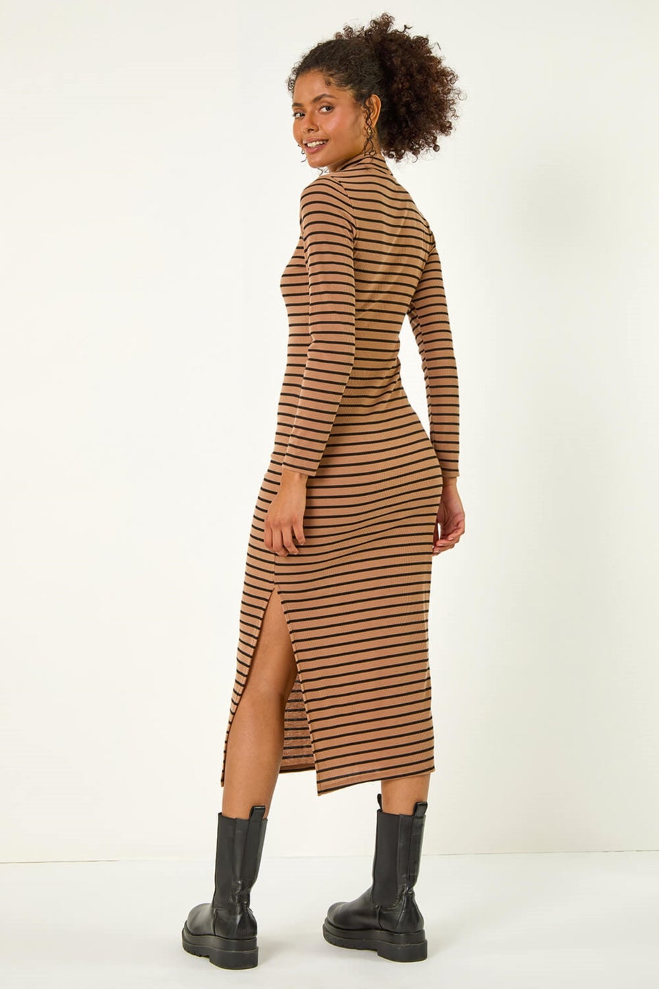 Dusk Mocha High Neck Stripe Bodycon Midi Dress