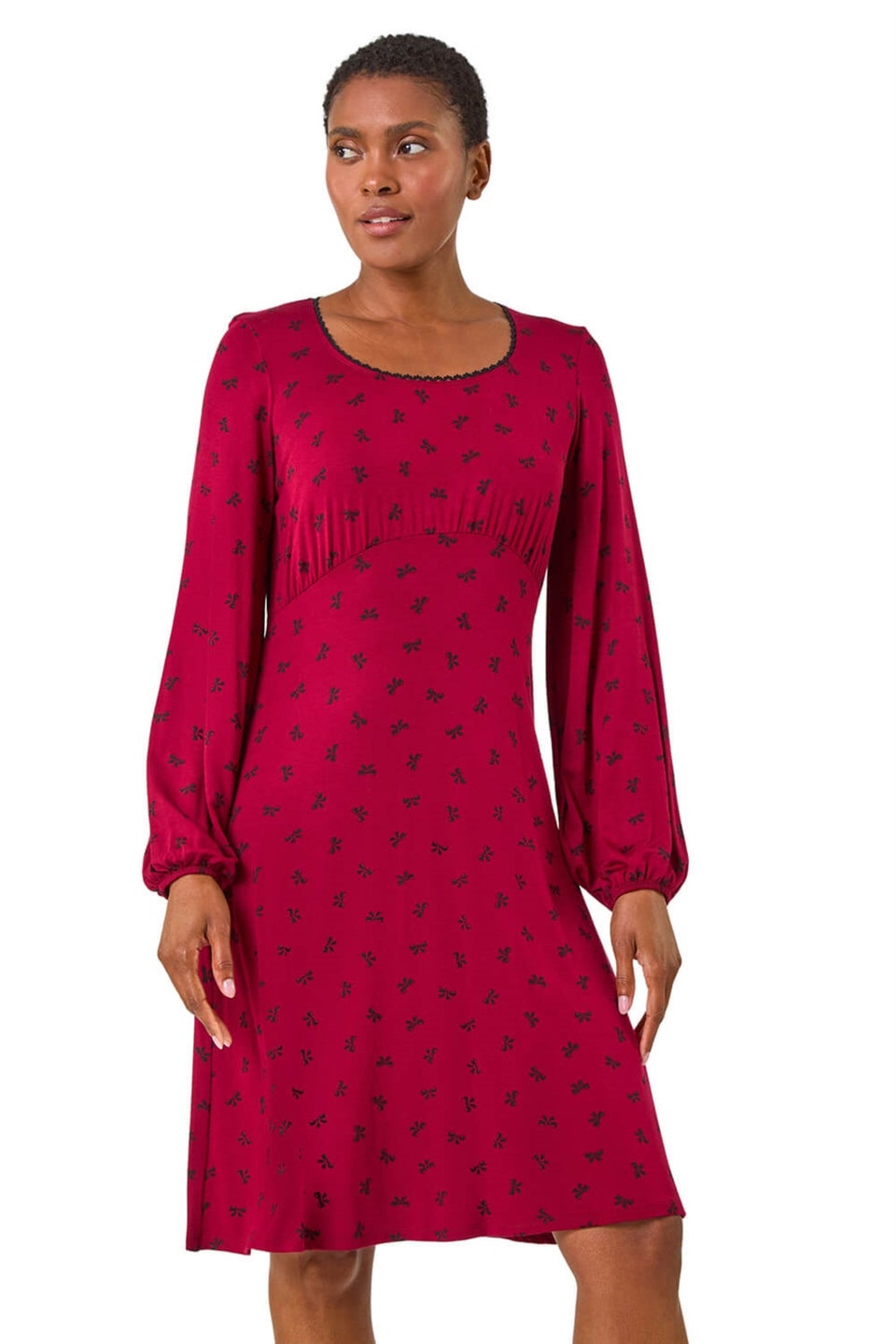 Roman Burgundy Bow Print Lace Detail Stretch Dress Matalan