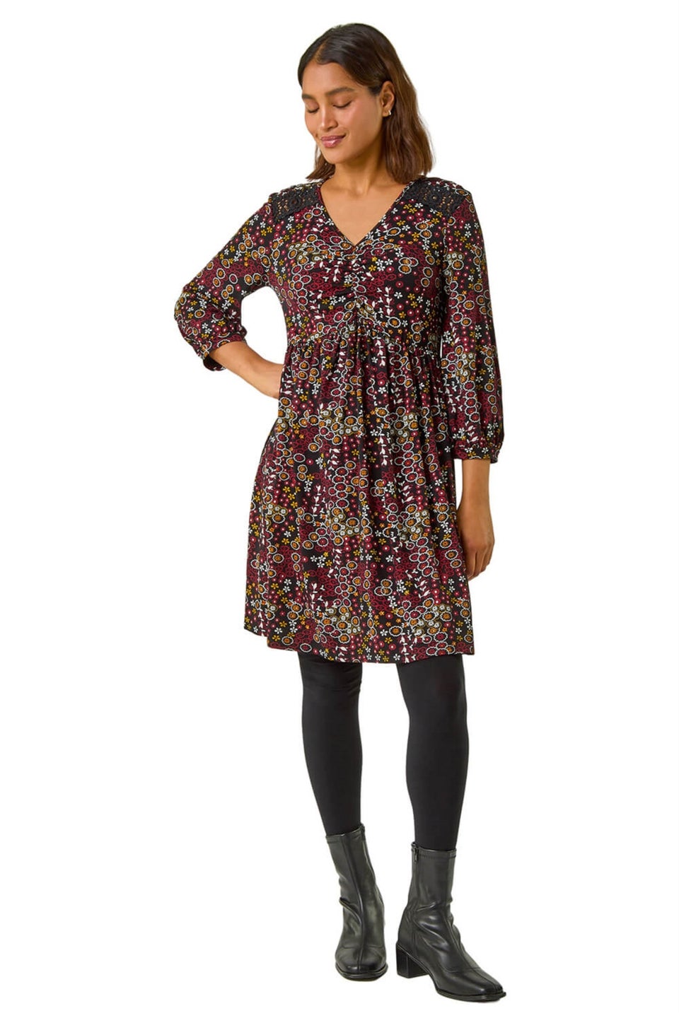 Roman Red Floral Print Lace Stretch Dress