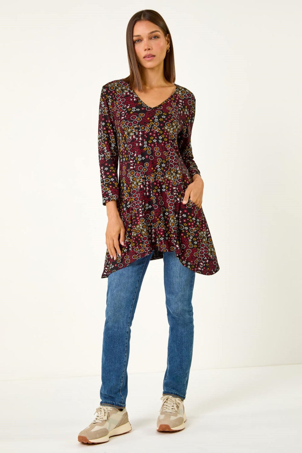 Roman Red Disty Circle Print V-Neck Tunic