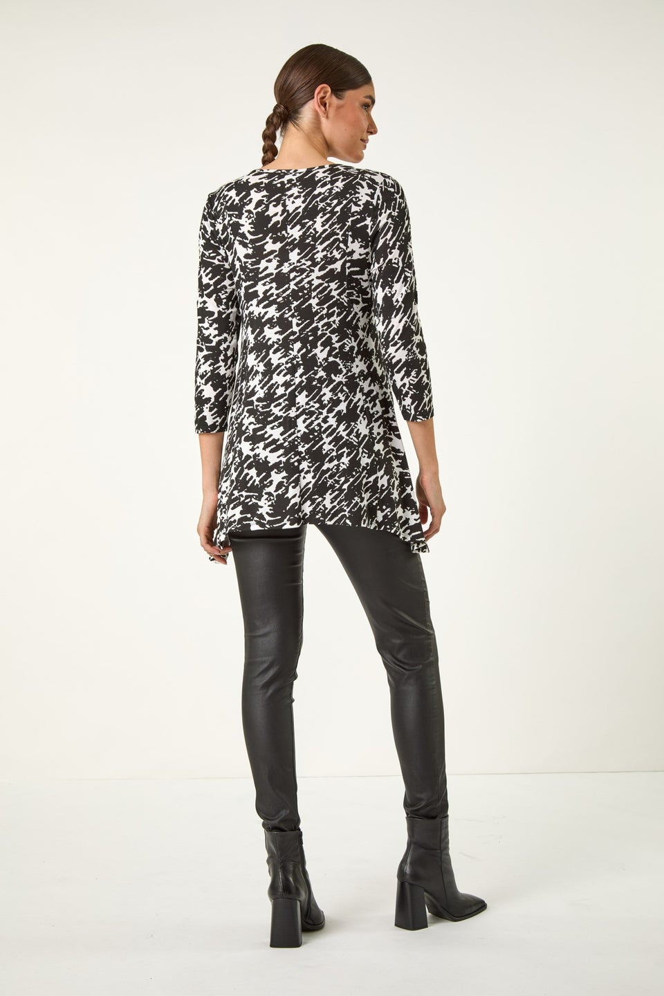 Roman Black Dogstooth Print Pocket Stretch Tunic Top